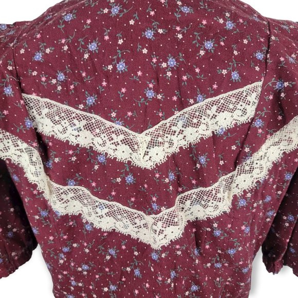 Vintage Burgundy Floral Lace Puff Sleeve Button Front Prairie Top - Picture 7 of 7